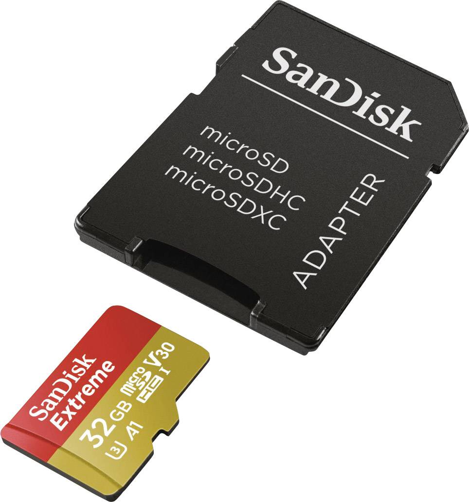 SanDisk 32 GB microSD-kort ved siden af en microSD-adapter. Kortet er rødt og guld med påskriften 'SanDisk Extreme'.