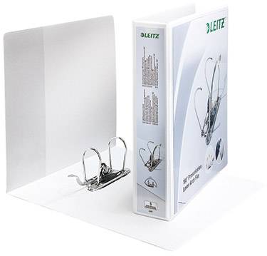 En hvid Leitz arkivmappe med løftemekanisme, vist både åben og lukket. Mappen har et etiket og metalclips.