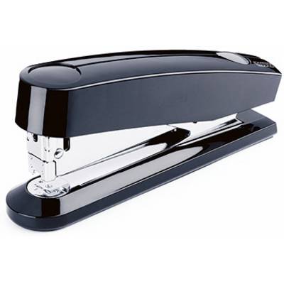 En sort kontorclips med blank metal, liggende og klar til brug.