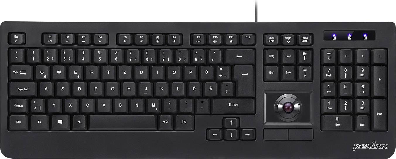 Perixx Periboard-521 USB Tastatur Deutsch, QWERTZ Sort Integreret trackball, Museknapper