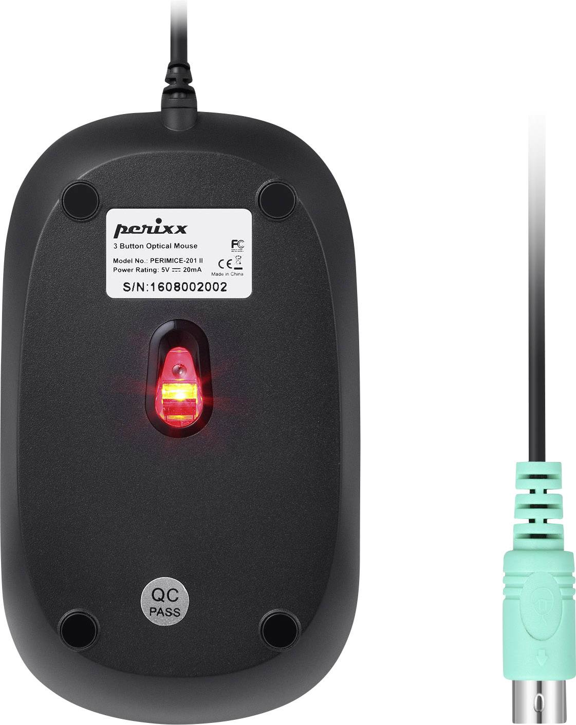 Undersiden af en sort computermuse med rødt LED-lys og PS/2-forbindelseskabel.