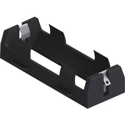 En sort batteriholder til en enkelt celle, rektangulær i form, med metalclips i begge ender til batterifastgørelse.
