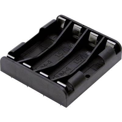 Sort batteriholder til fire batterier, forsynet med metalcontakter og påskriften '1.5V', beregnet til opbevaring og forbindelse af batterier.