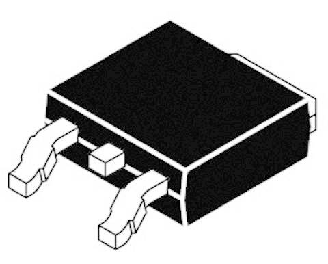 Enkelt diagram over en elektronisk komponent med tre tilslutninger, sandsynligvis en transistor eller en lignende komponent.