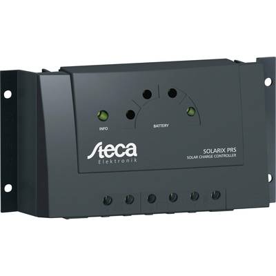 Solcelleoplader med påskriften 'Steca Elektronik Solarix PRS'. Sort kabinet med LED-indikatorer for information og batteri.