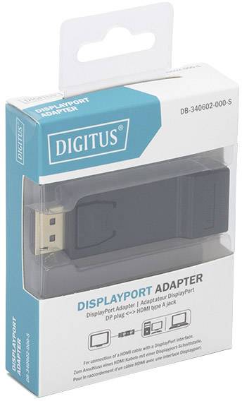 DisplayPort-adapter i emballage fra 'DIGITUS', type DP stik til HDMI-tilslutning, til PC eller bærbar computer til videoforbindelse.