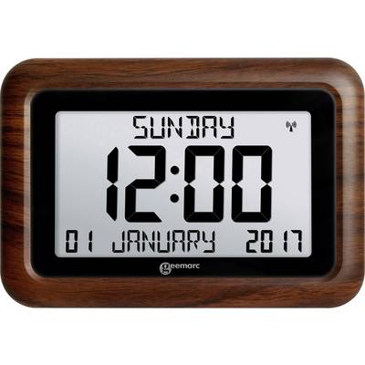 Digital ur med træramme viser 'Søndag, 12:00', dato '01. januar 2017'.