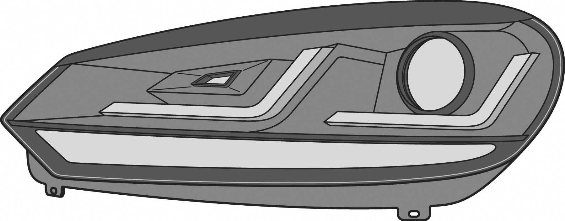 Illustration af en moderne forlygter med stiliserede LED-striber og et cirkulært element til højre.