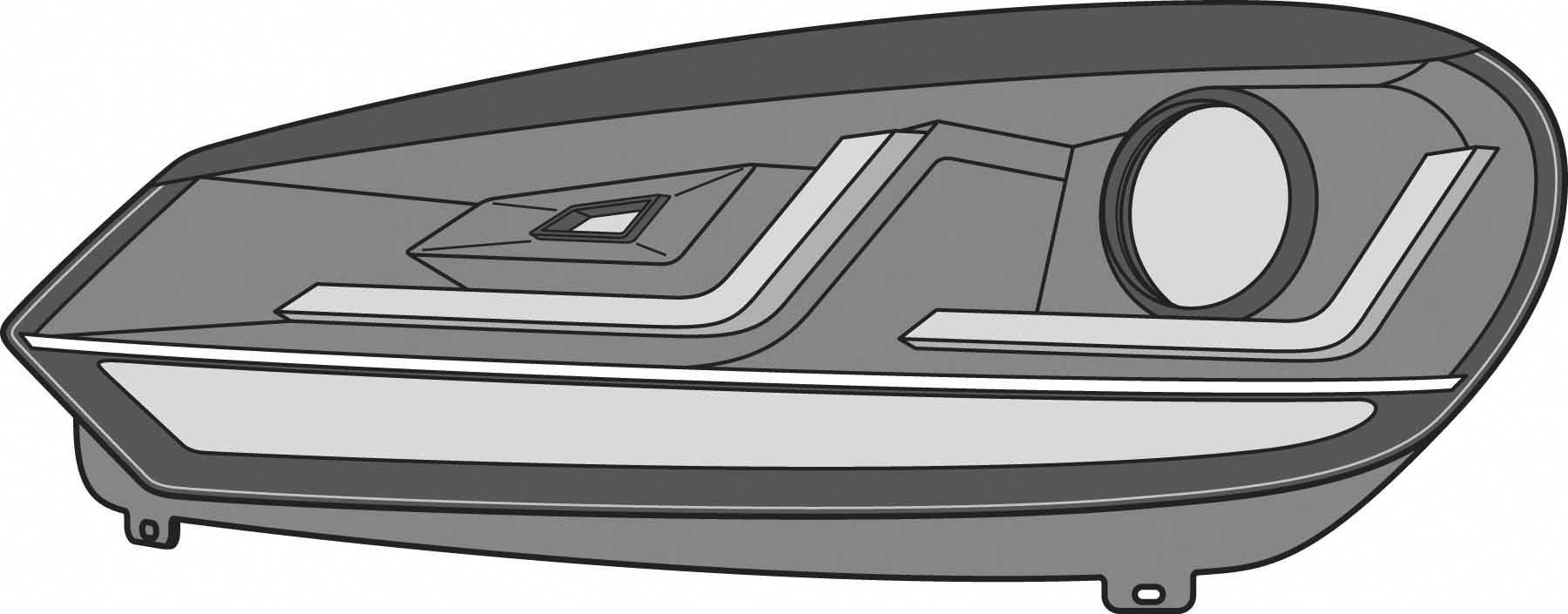 Sort-hvid illustration af en bilforlygte med skarpe linjer og geometrisk design.