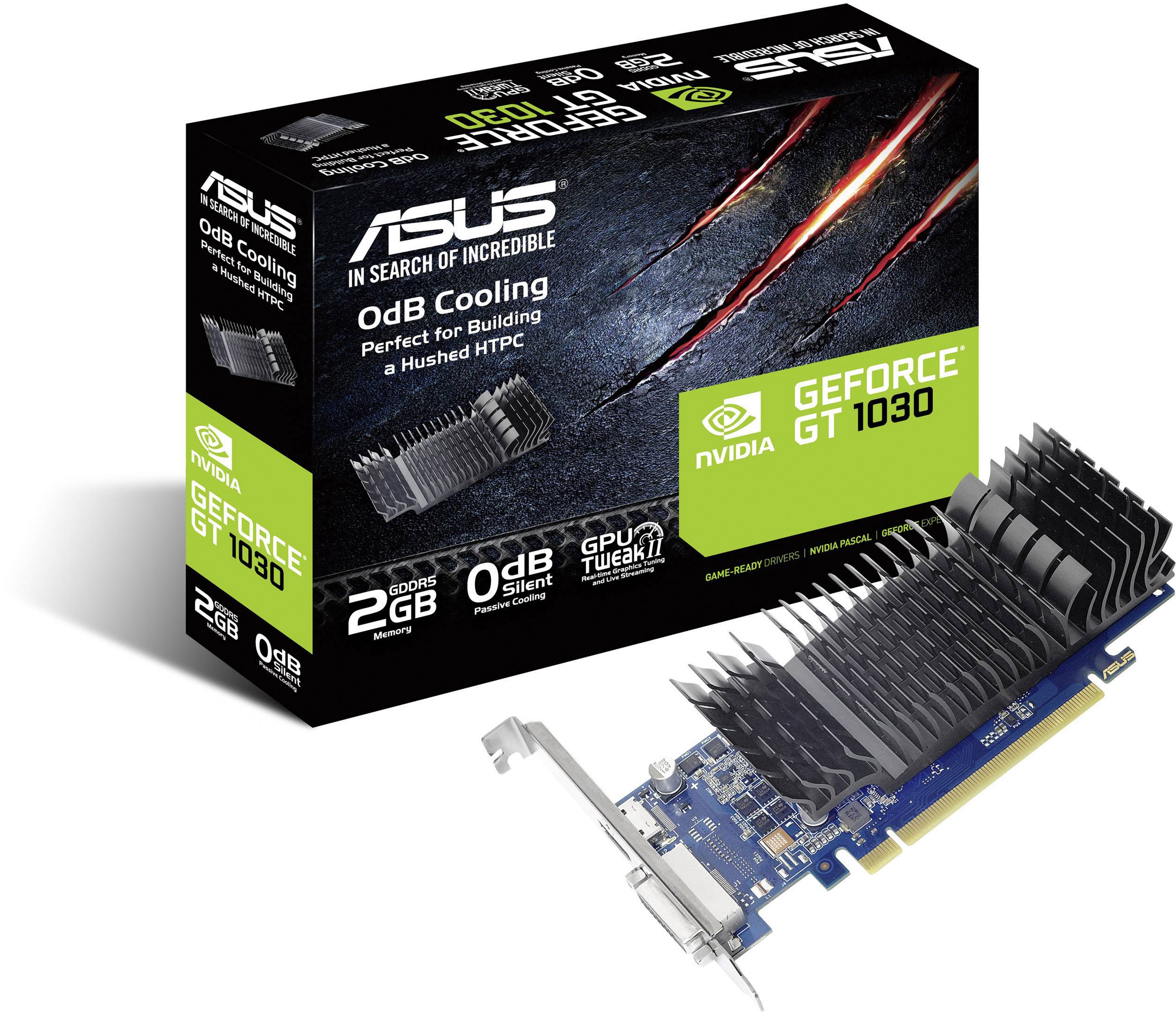 Grafikkort ASUS GeForce GT 1030 med passiv køling og 2GB hukommelse. Emballage med NVIDIA-logo og henvisninger til støjsvag drift.