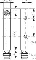 Teknisk tegning af en smal enhed med dimensioner: Bredde 8 mm, højde 145 mm. To skruehuller og en rund tekstur øverst.