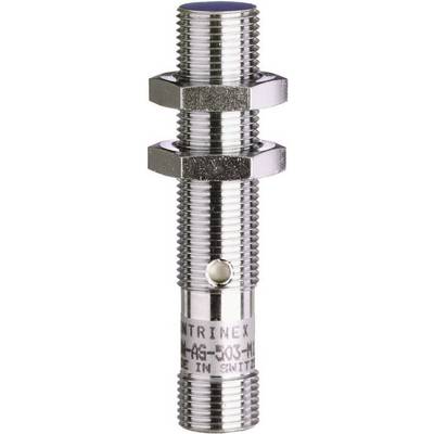 Metalsensor med cylindrisk hus og gevind, sandsynligvis en induktiv sensor. Sølvfarvet, med mærkning i den nedre del.