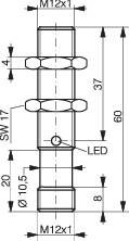 Teknisk tegning af et cylindrisk objekt med mål i millimeter. Viser gevind M12x1 og placering af LED-display.