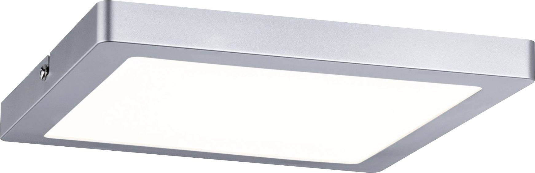 Flad, firkantet loftlampe i moderne design med sølvfarvet ramme og hvid, lysende midterdel.