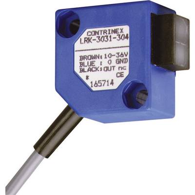 En blå sensor med en hvid mærkat, hvorpå der står 'CONTRINEX LRK-3031-304'. Kabler i brun, blå og sort til tilslutninger.