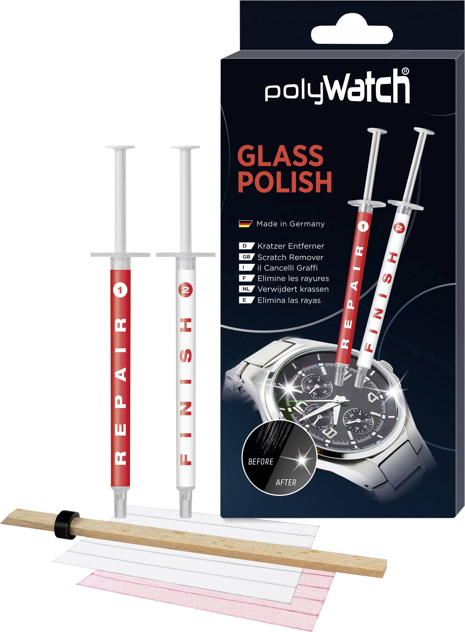 Polywatch Glass Polish sættet består af to sprøjter med reparationsgel, en træpind og polérklæde. Til fjernelse af ridser på ure.