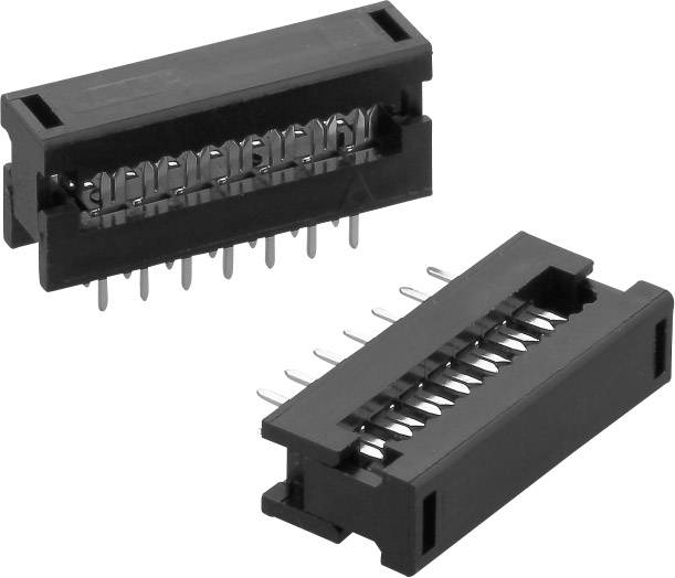 To elektroniske sorte stikforbindelser placeret horisontalt, hver udstyret med flere metalben til montering på et kredsløbskort.