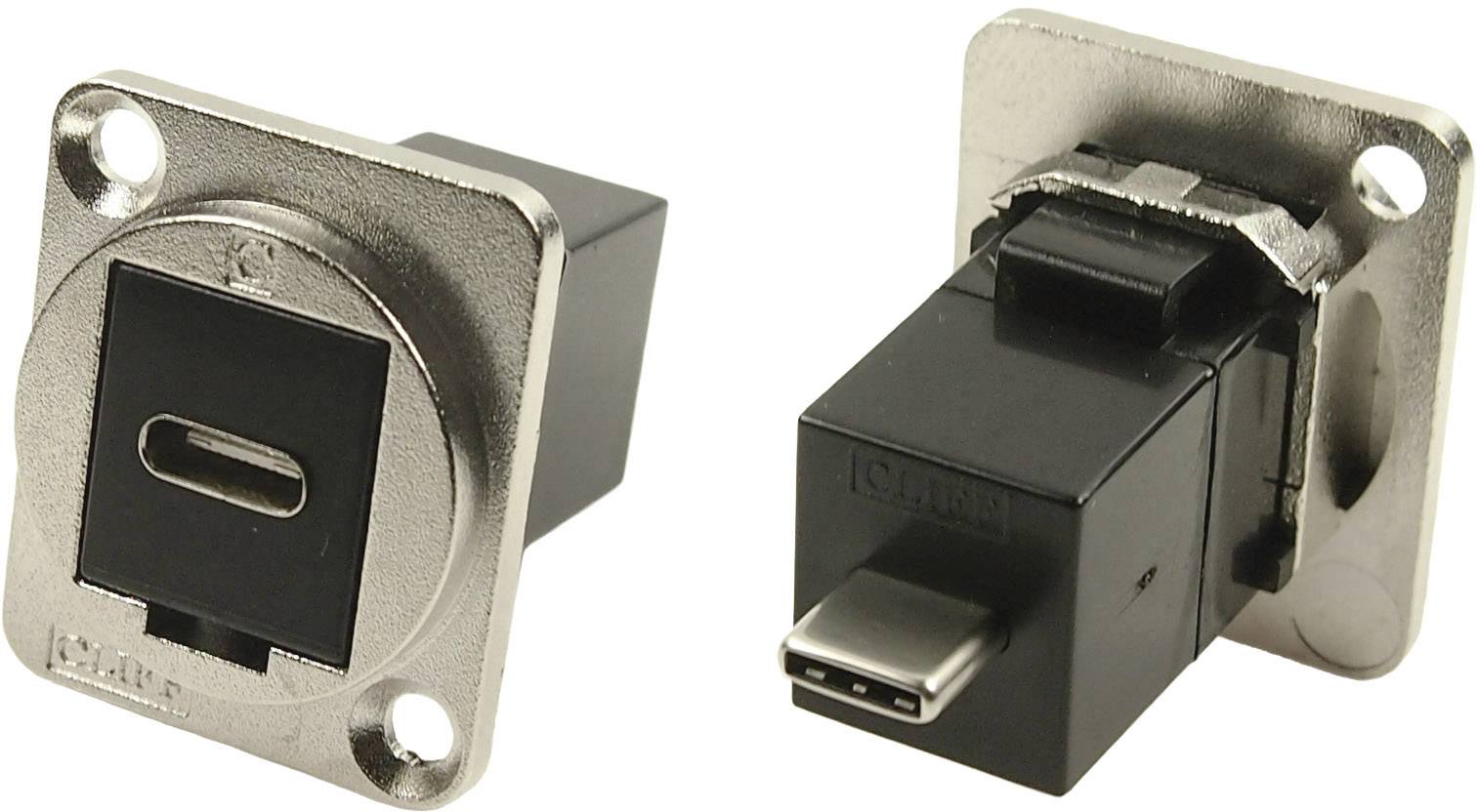 To vægmonterede USB-C-stik i sølvfarvet kabinet, et placeret frontalt og det andet i siden, designet til let montering.