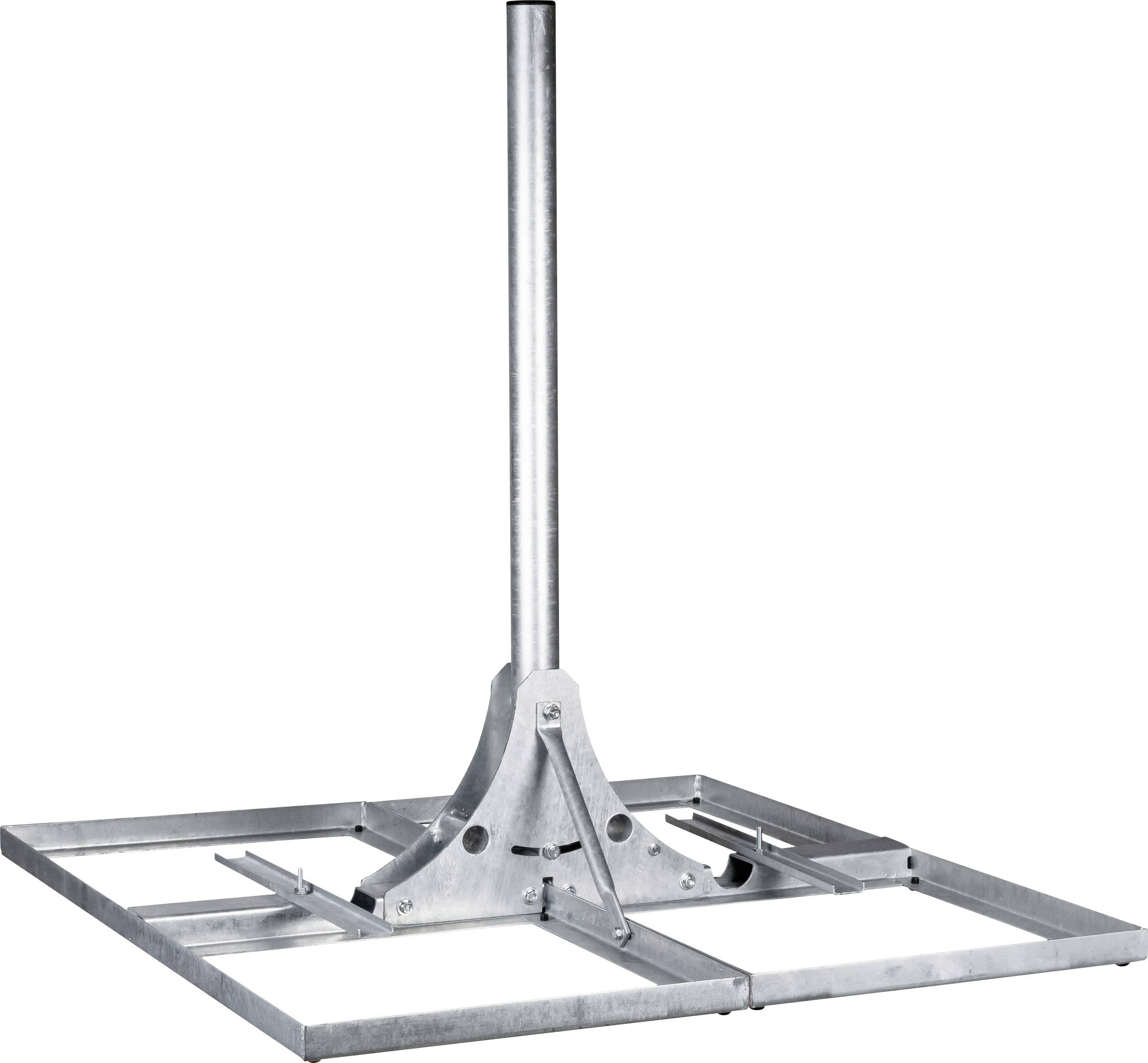 Metalstativ til tag uden antenne, monteret på en firkantet platform. Egnet til installation af parabolantenner.