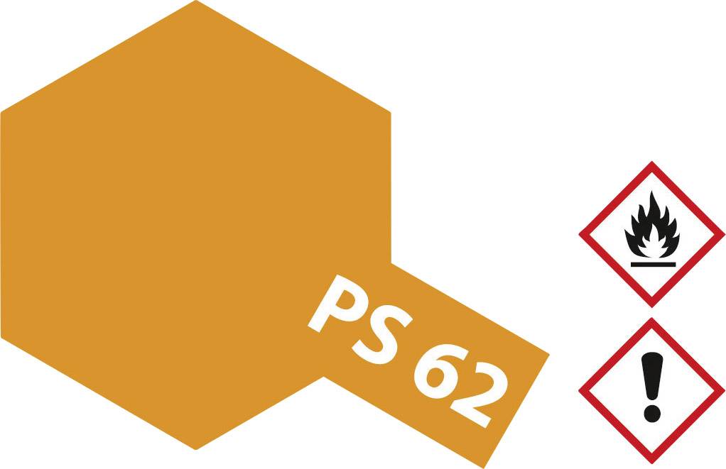 Et orange sekskant mærket 'PS 62'. Ved siden af er to faresymboler: En flamme for antændelighed og et udråbstegn for advarsel.