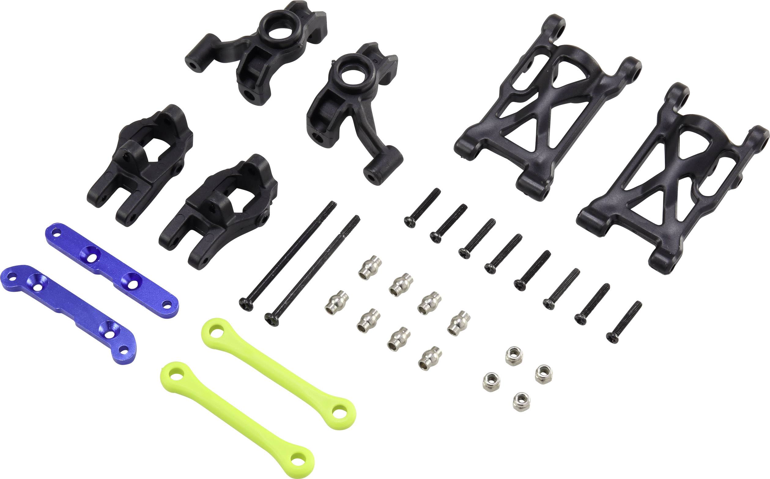 Reservedels-sæt med sorte akselophæng, blå og grønne forbindelsesdele samt skruer og møtrikker til RC-bil reparationer.
