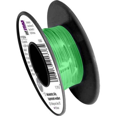 Grøn plastikspole med trådformet materiale, etiket med stregkoder og tekniske detaljer synlig på siden.