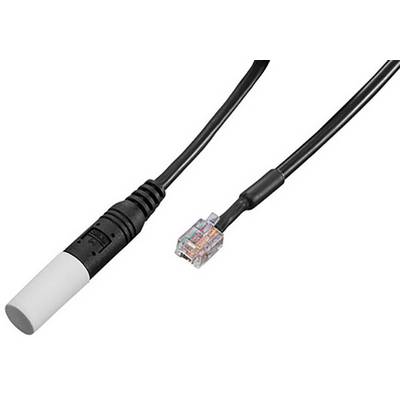 Et sort kabel med en RJ45-stik på den ene side og et cylindrisk sensor- eller adapterdhus på den anden side.