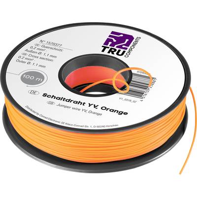 'Orange ledning på rulle med påskrift: Switchledning YV, 100m længde, diameter 0,81mm, modelnummer 1570377, mærke TRU COMPONENTS.'