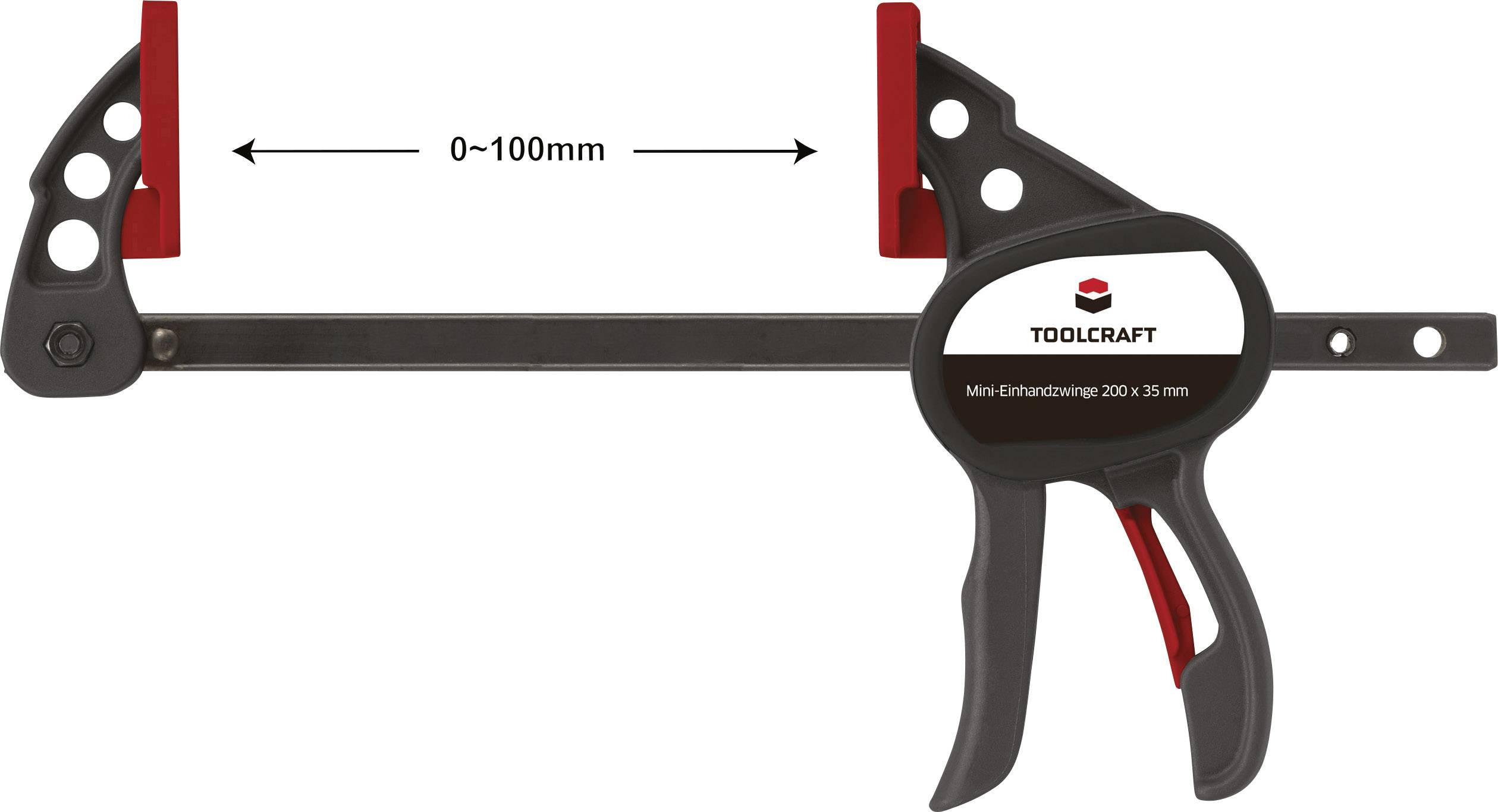 'TOOLCRAFT Mini Enkeltmandsklemme 200 x 35 mm' viser en sort klemme med røde ender. Pilen markerer spændevidden fra 0 til 100 mm.
