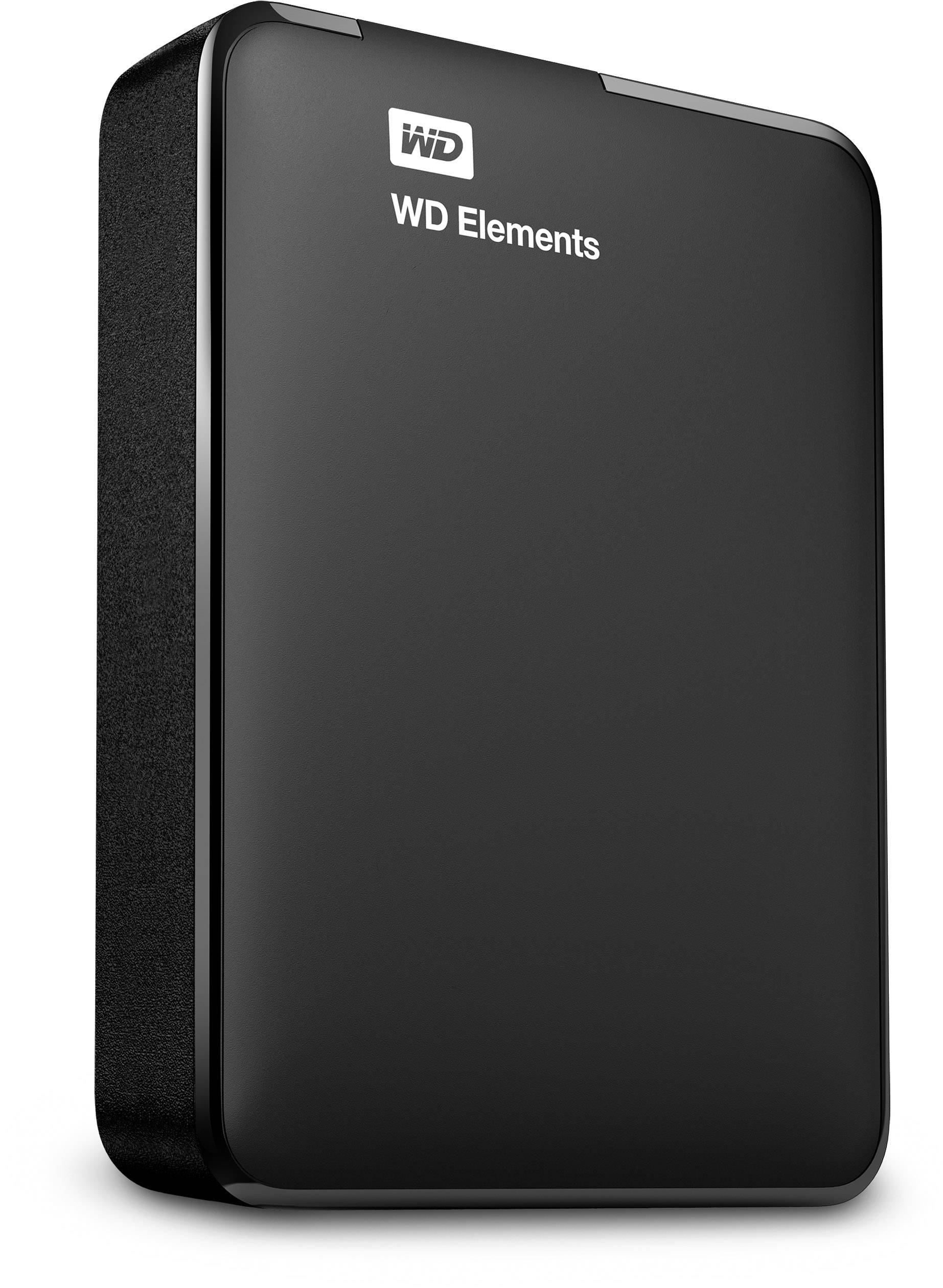 En sort ekstern harddisk med påskriften 'WD Elements'.