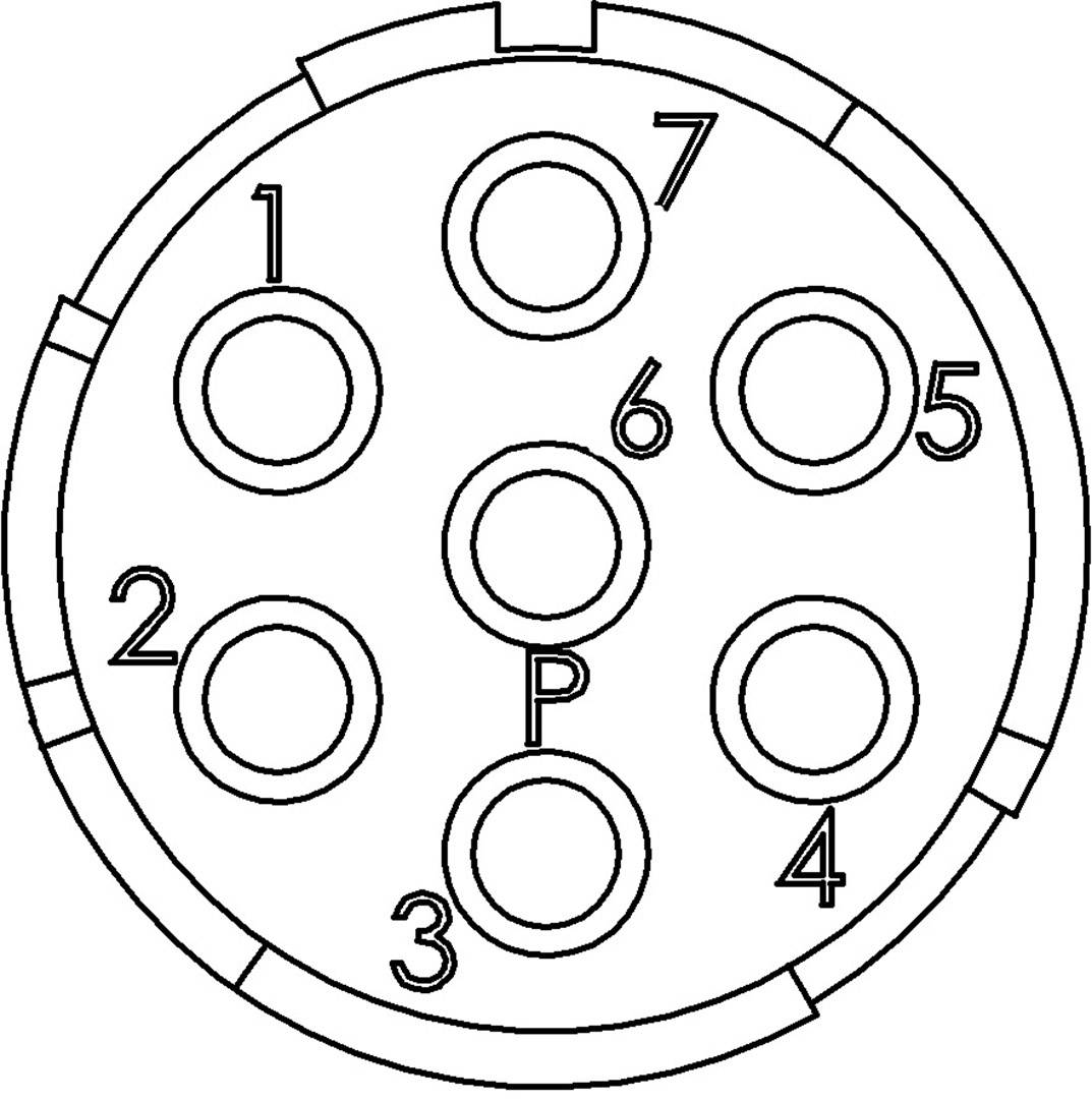 Principdiagram for en syvpolet stik med nummererede ben fra 1 til 7 og et centralt ben markeret med P.
