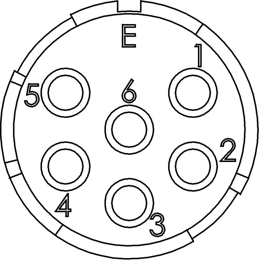 Diagram over en elektrisk stik med seks nummererede kontakter, nummereret fra 1 til 6, samt en ekstra kontakt mærket E.
