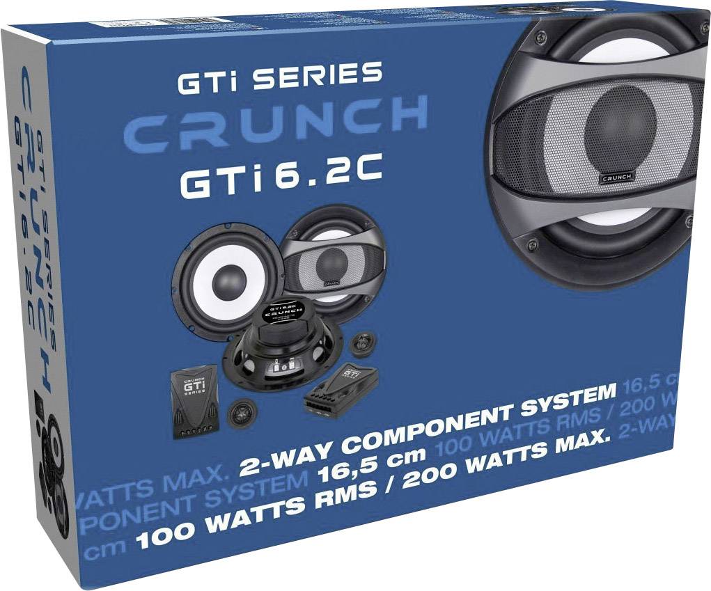 Højttalerboks med påskriften 'GTi Series Crunch GTi6.2C', viser individuelle højttalerkomponenter og effektangivelser fra 100 til 200 watt.