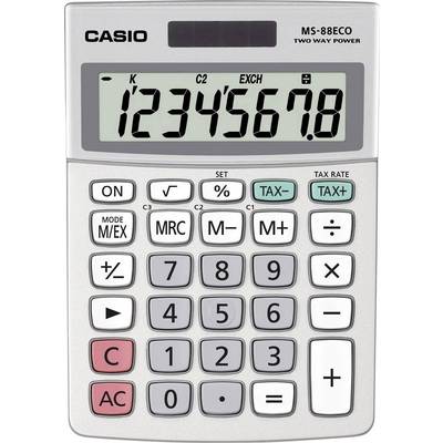 En sølvfarvet lommeregner med sort display viser tallene '1234567,8'. Den har farvede taster til matematiske funktioner.