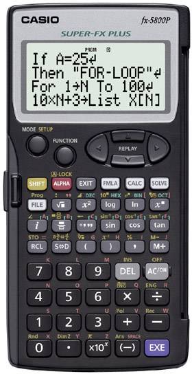 En videnskabelig lommeregner viser et programmeringsskript på displayet: 'If A=25 Then "FOR-LOOP"'. Indtastnings- og kontroltaster nedenunder.