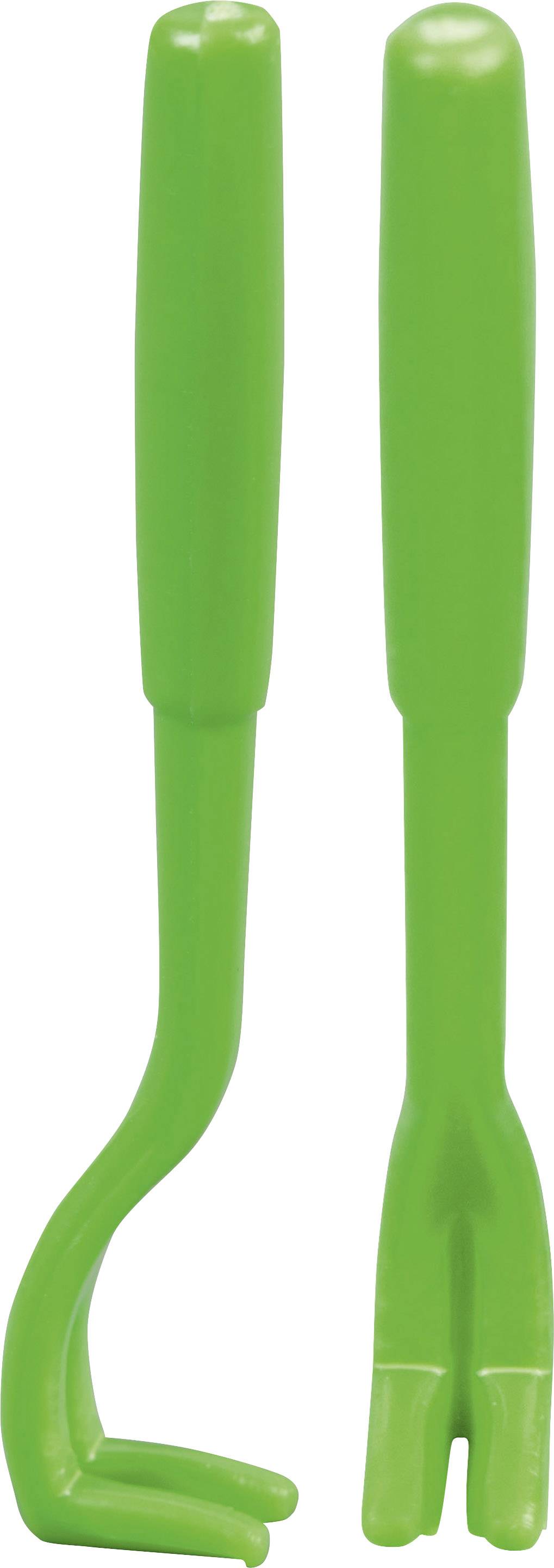 To grønne plastikværktøjer i U-form, muligvis til fjernelse af hæfteklammer eller lignende objekter fra papir.