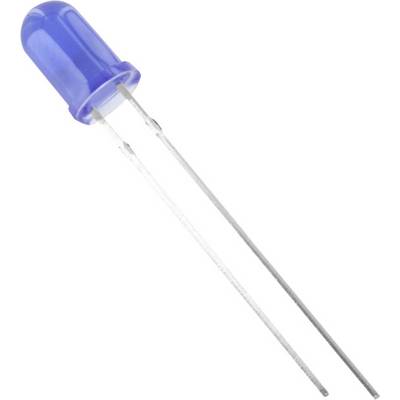 En blå lysdiode (LED) med to metalforbindelser, typisk for elektroniske kredsløb.