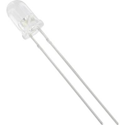 En transparent, hvid LED med to lange, tynde tilslutningsledninger, der strækker sig nedad.
