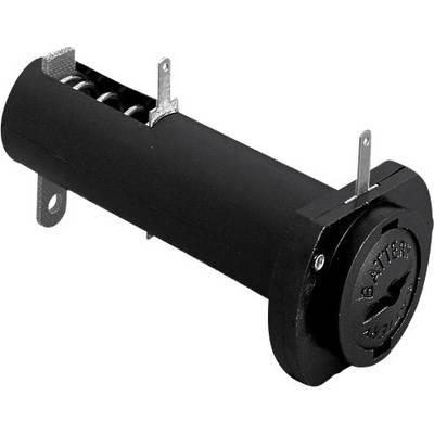 Sort batteriholder lavet af plast med tre metalliske kontakter og en fjeder indvendigt, mærket med ordet 'BATTERY'.