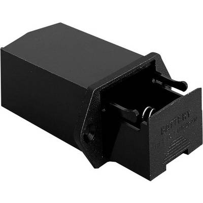Sort batteriholder med åben låg, egnet til opbevaring af et batteri, identificerbar ved påtrykket 'Batteri'.