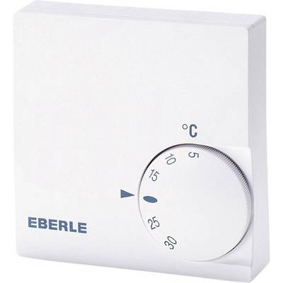En hvid vægtermostat fra Eberle med en drejeknap til temperaturindstilling fra 5°C til 30°C.