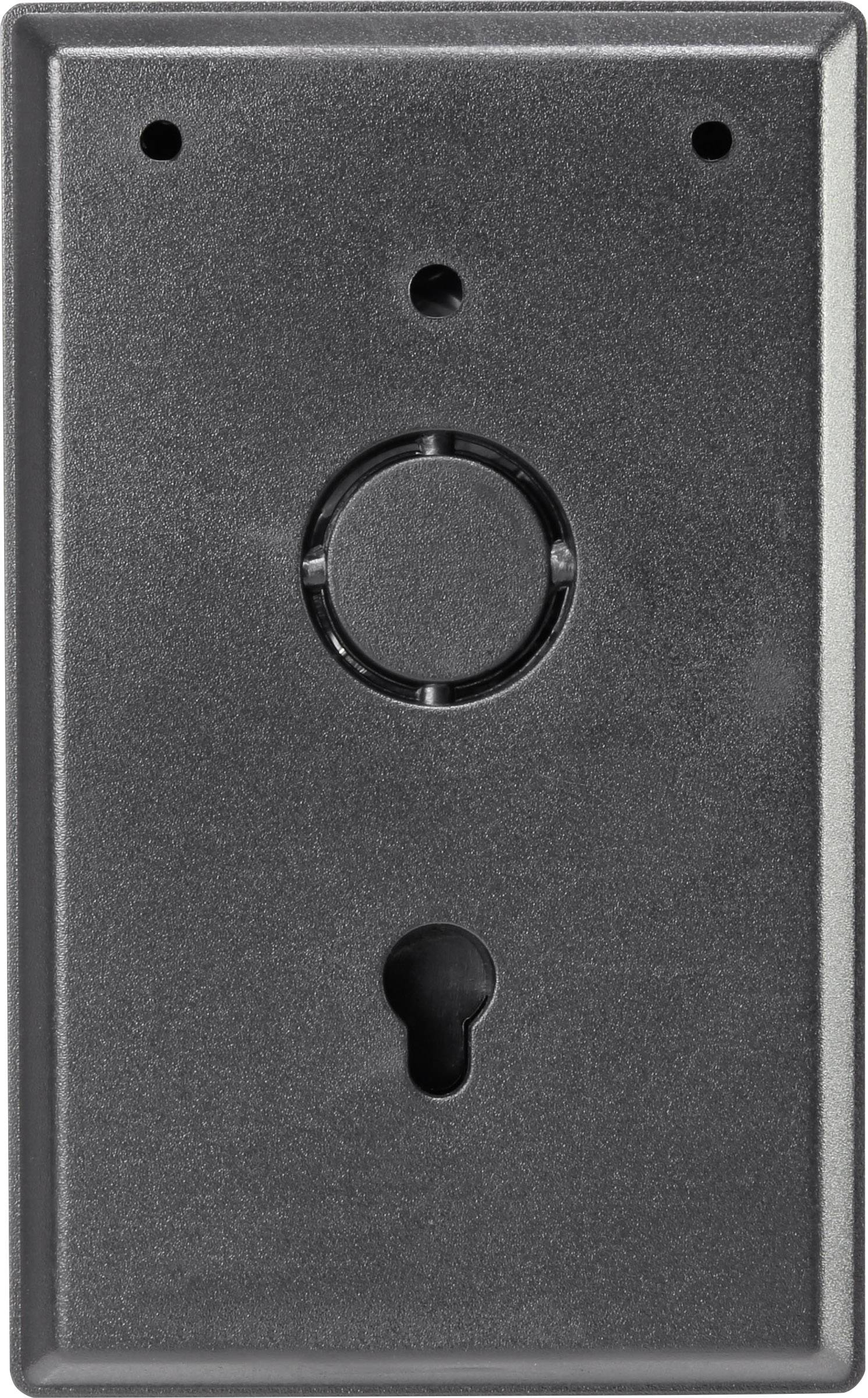 En sort vægkontaktplade med en central, rund knap og et nøglehul nedenunder.