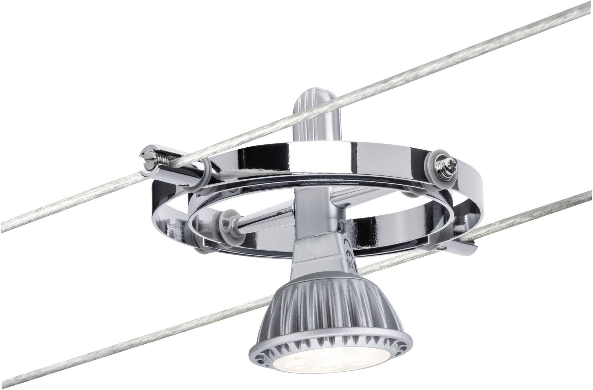 Pendel med metallramme monteret på to kabler, udstyret med LED-belysning rettet nedad.