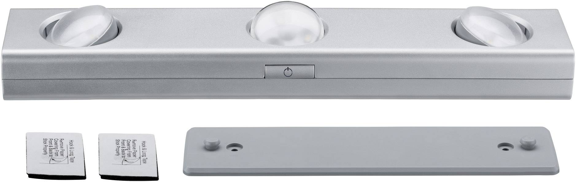 Sølv LED-lampe med tre runde linser og en kontakt i midten. To magneter og en monteringsplade ligger ved siden af.