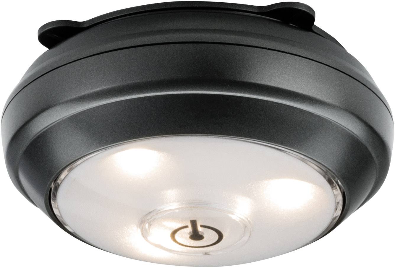Sort, rundt LED-lys med transparent cover og centralt placeret trykknap, egnet til loftmontering.
