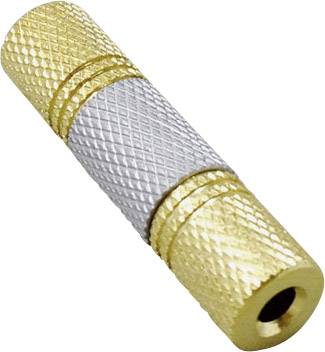 Gylden og sølvfarvet stereo-audioadapter med 3,5 mm stik i begge ender. Forbinder to audikabler med hinanden.