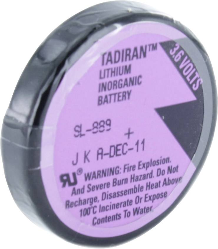 Rund lithiumbatteri med påskrift 'Tadiran', 3,6 volt. Advarsel: Eksplosionsfare, må ikke genoplades eller skilles ad.