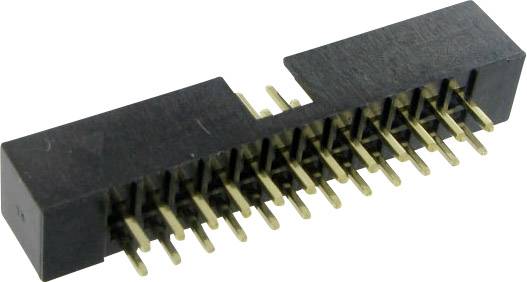 En sort stikforbindelse med guldbelagte ben, sandsynligvis en elektrisk tilslutning, til forbindelse af elektroniske komponenter.