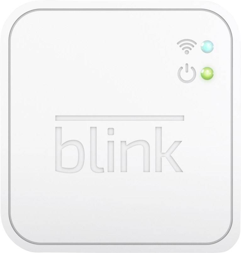 Et hvidt Blink-sikkerhedssystem-hub med to lys, grøn og blå, og et stiliseret Wi-Fi-symbol øverst til højre.