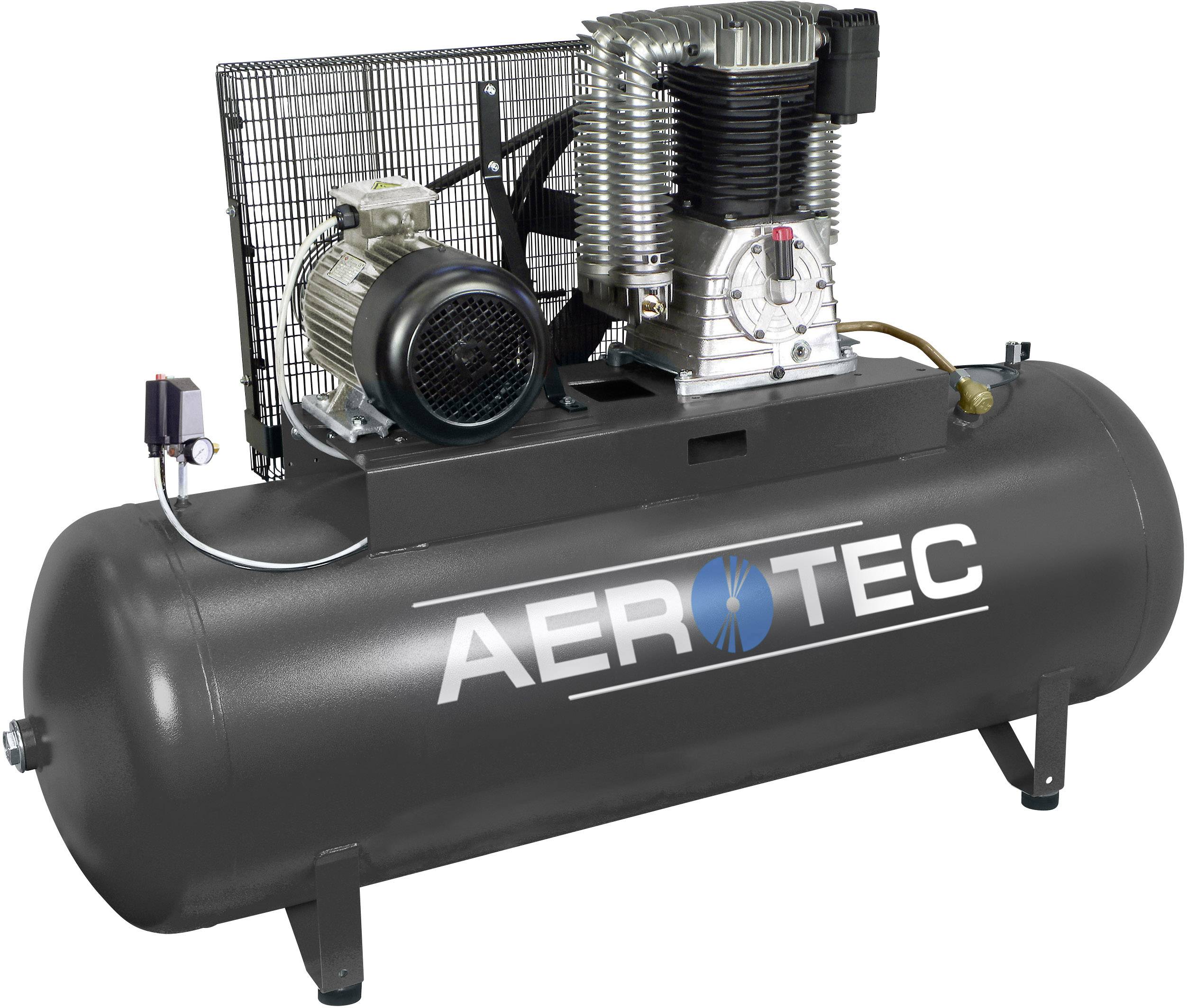Sort luftkompressor med sølvfarvet motor, 'AEROTEC'-logo på tanksiden.